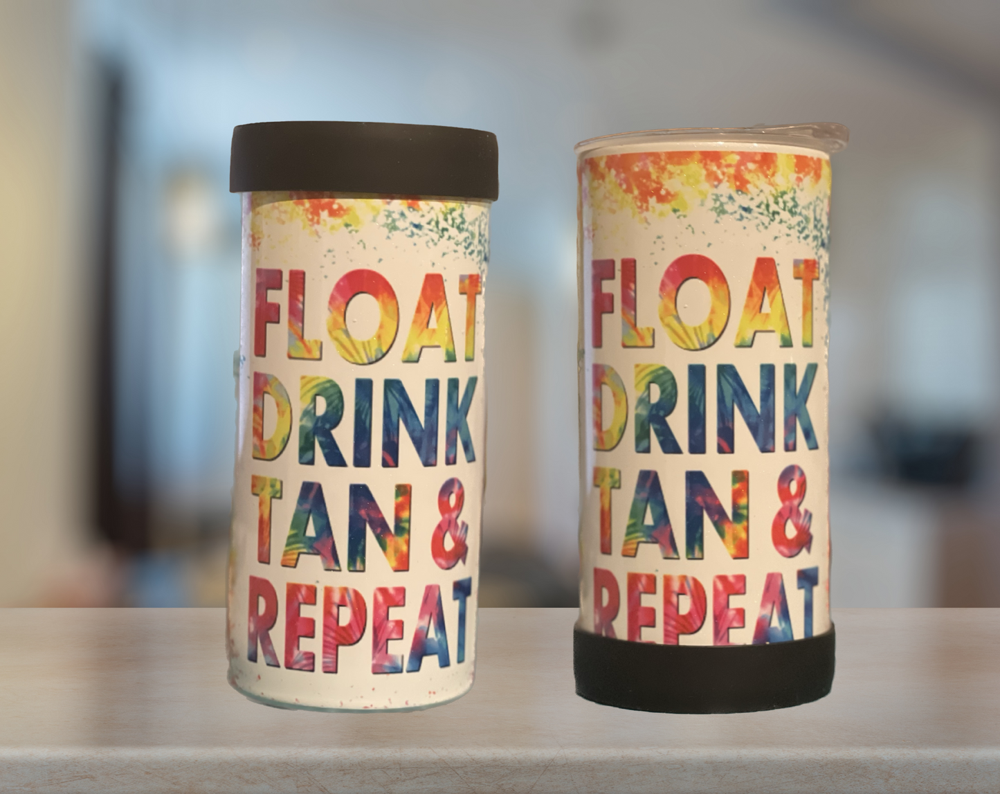 "Float Drink Tan Repeat" Skinny Can Cooler