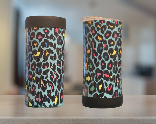 Rainbow Leopard Print Skinny Can Cooler